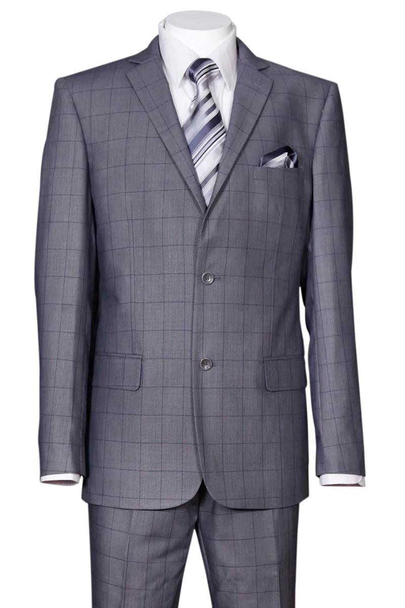 Fortino Landi Men's Modern Fit Grey Windowpane Plaid Suit 2BTN - Elegant Mensattire