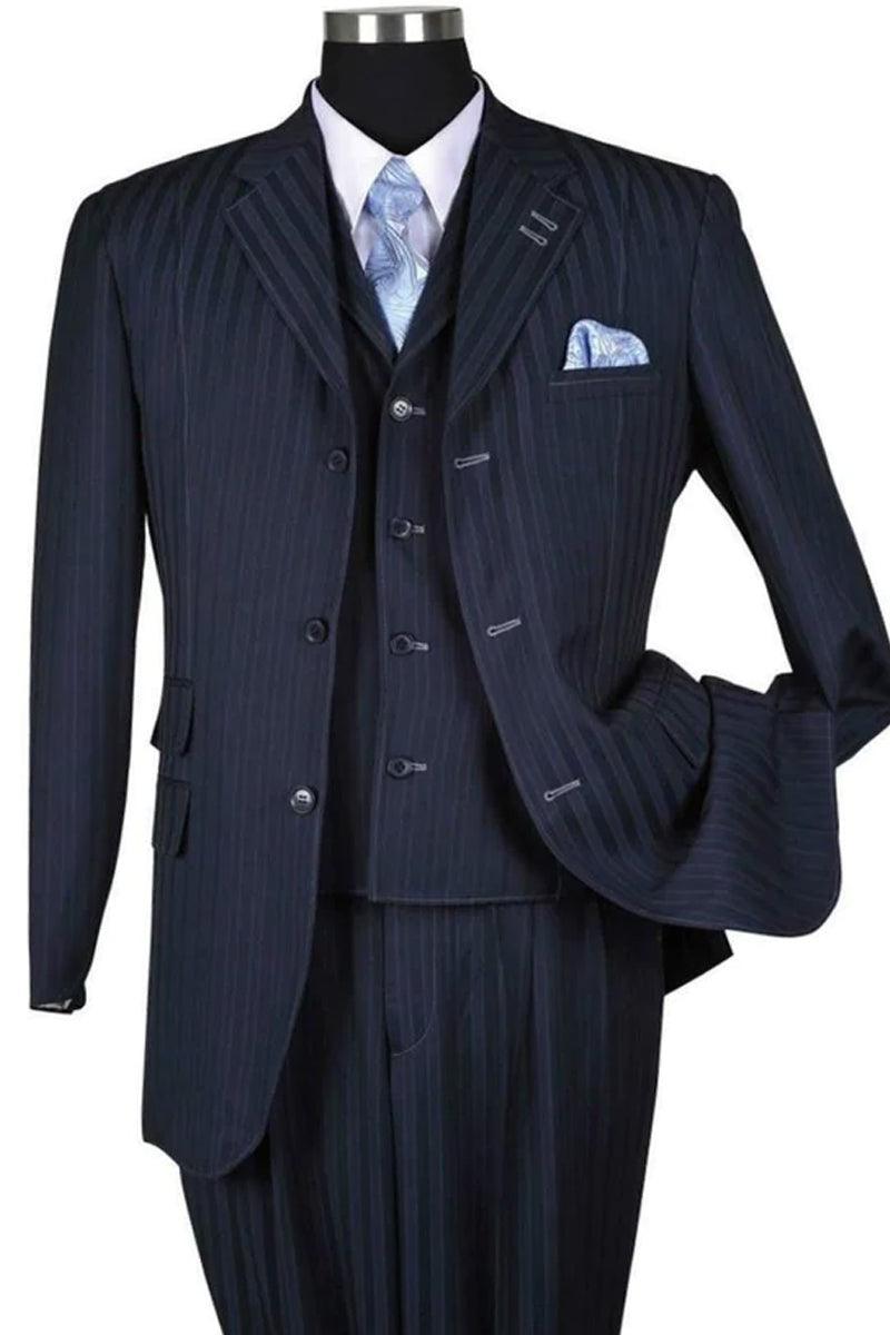 Fortino Landi Men's Navy 3-Button Tonal Fashion Suit with Pinstripes - Elegant Mensattire