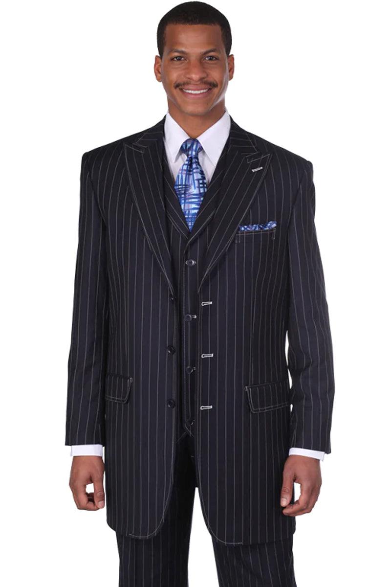 Fortino Landi Men's Navy Bold Pinstripe Vested Gangster Suit - Elegant Mensattire