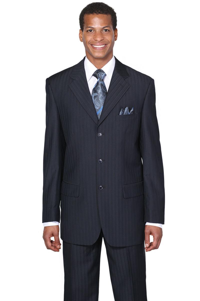 Fortino Landi Men's Navy Classic Fit Pinstripe 3-Button Suit - Elegant Mensattire