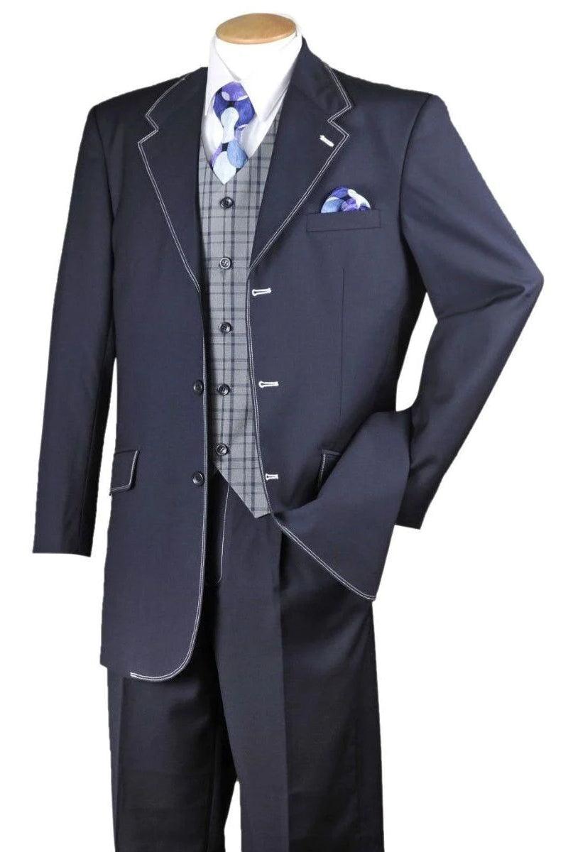 Fortino Landi Men's Navy Semi-Wide Vested Suin w/ White Stitch Detail - Elegant Mensattire