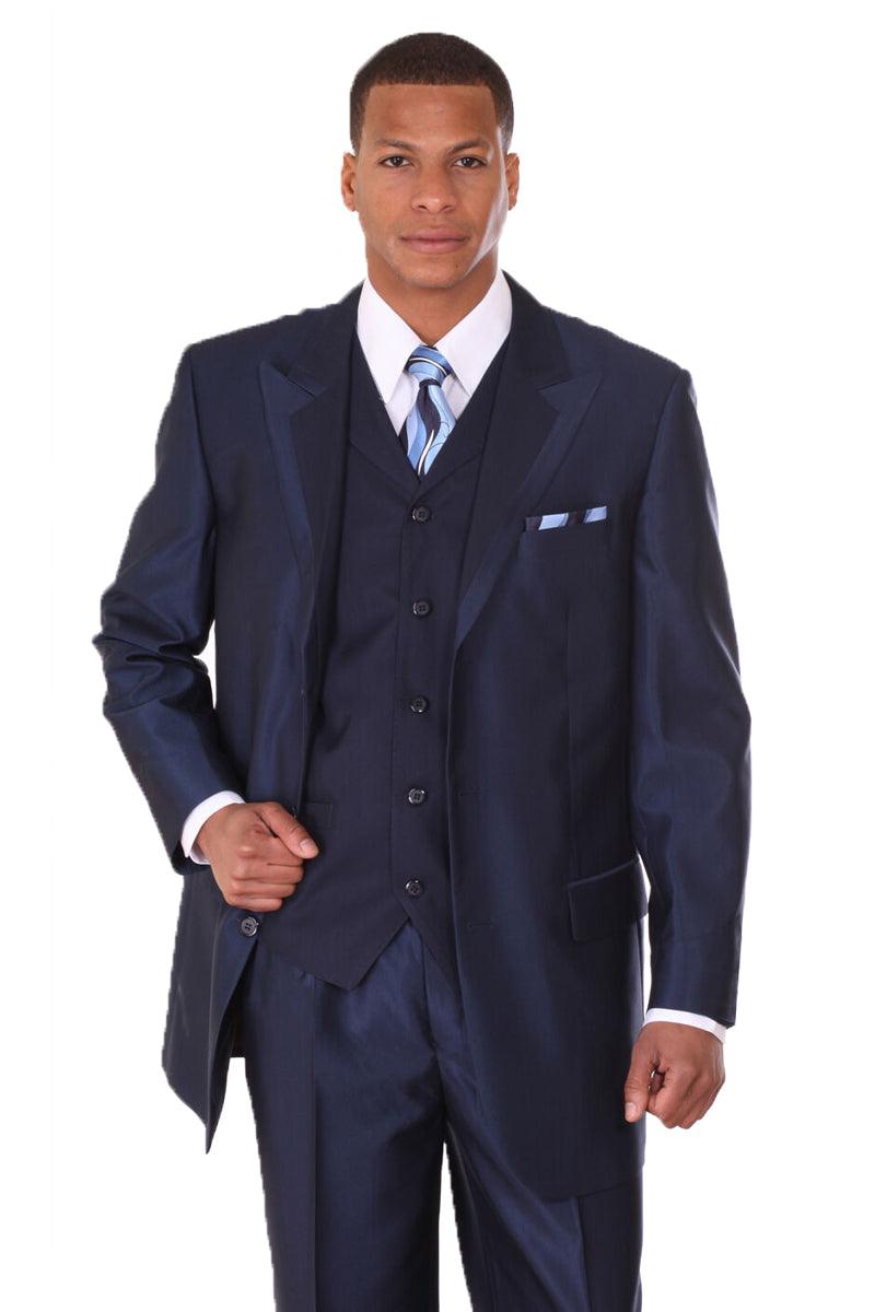 "Fortino Landi Men's Navy Sharkskin 3-Btn Vest Suit with Wide Peak Lapel" - Elegant Mensattire