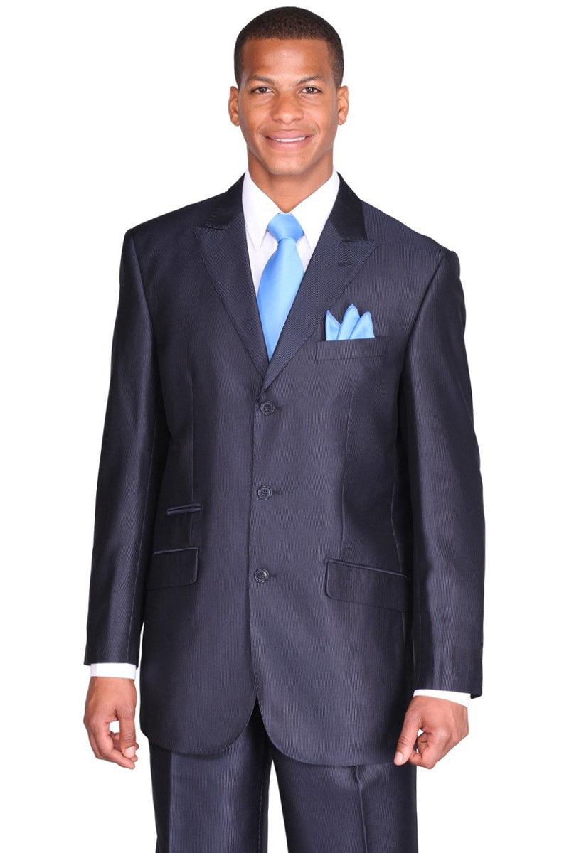 Fortino Landi: Men's Navy Sharkskin Suit w/ Pinstripe + Peak Lapel - Elegant Mensattire