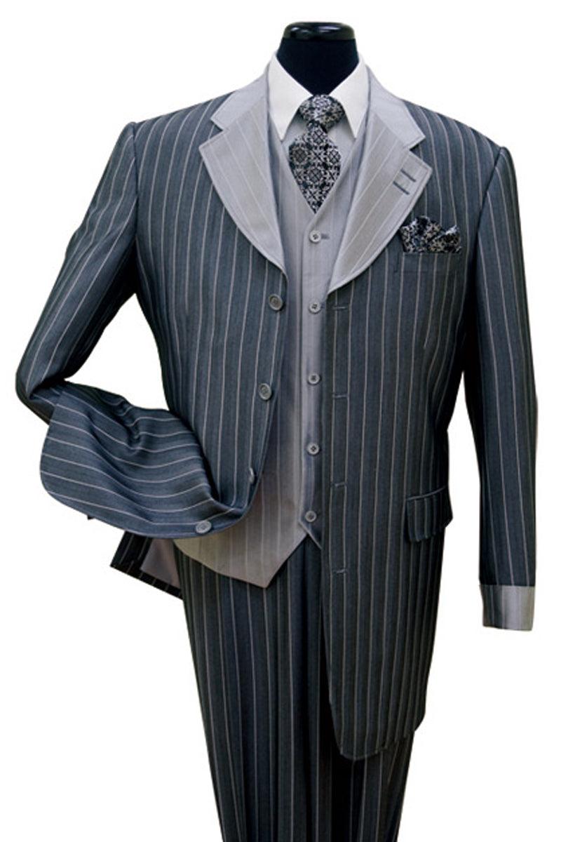 Fortino Landi Men's Navy Shiny Sharkskin Zoot Suit w/ Vested Pinstripe Style - Elegant Mensattire