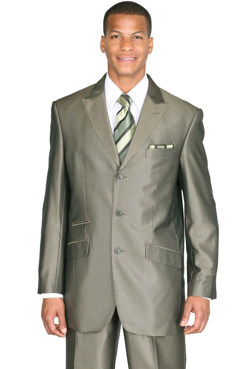 Fortino Landi Men's Olive Green Micro Pinstripe 3-Button Sharkskin Suit - Elegant Mensattire