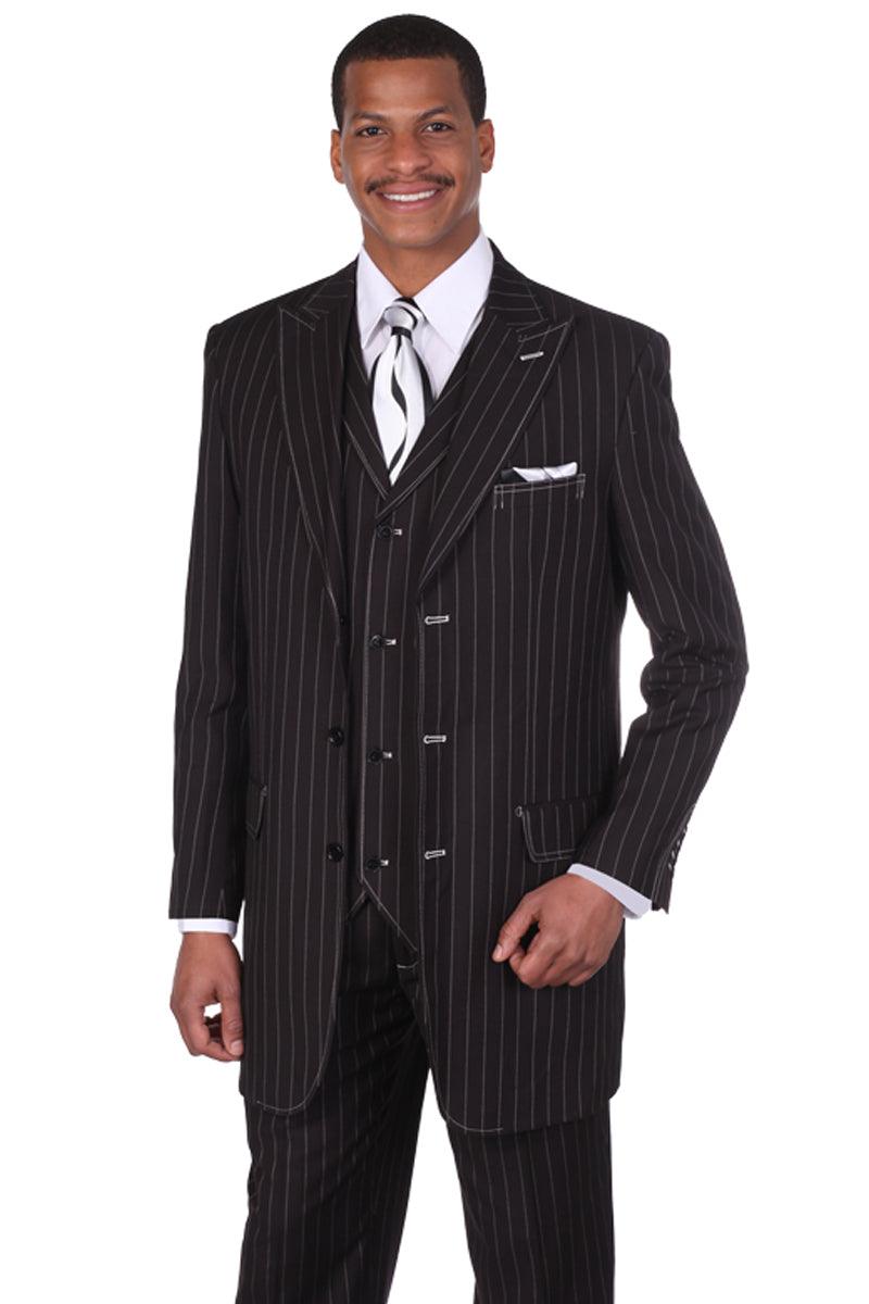 "Fortino Landi Men's Pin Dot Gangster Vested Suit - Classic Black & White" - Elegant Mensattire