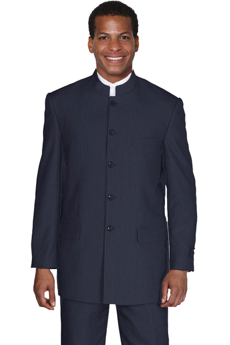 Fortino Landi Men's Pinstripe Navy Mandarin 5-Button Suit - Elegant Mensattire