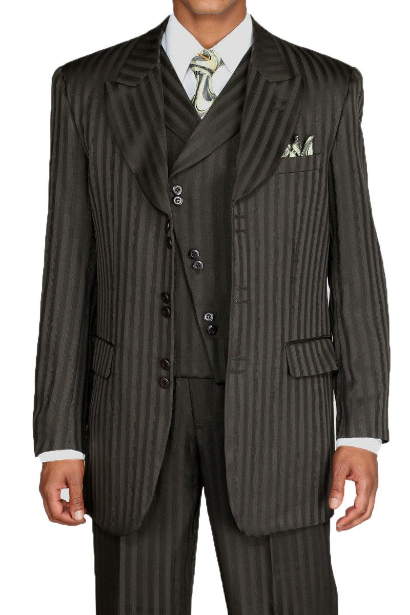 Fortino Landi Men's Pinstripe Tonal Slanted Vested Peak Lapel Suit in Black - Elegant Mensattire