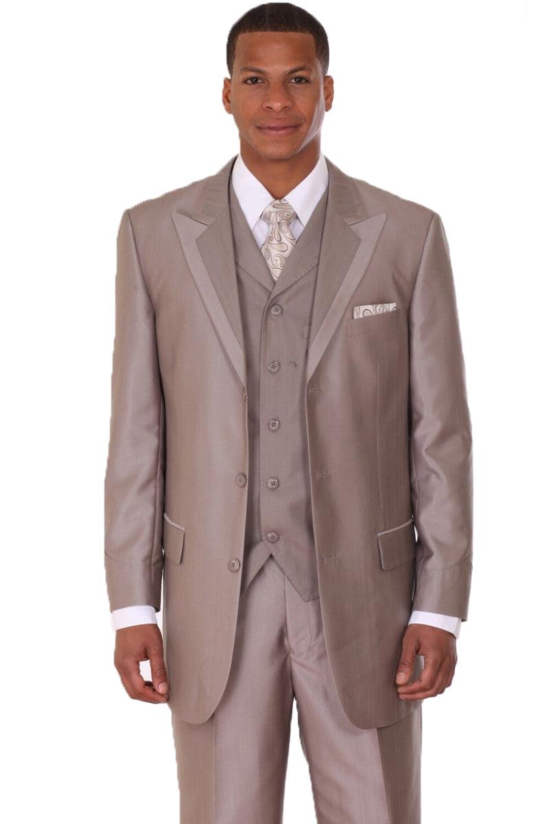 Fortino Landi Men's Sharkskin 3Btn Vested Suit w/Wide Peak Lapel - Tan - Elegant Mensattire