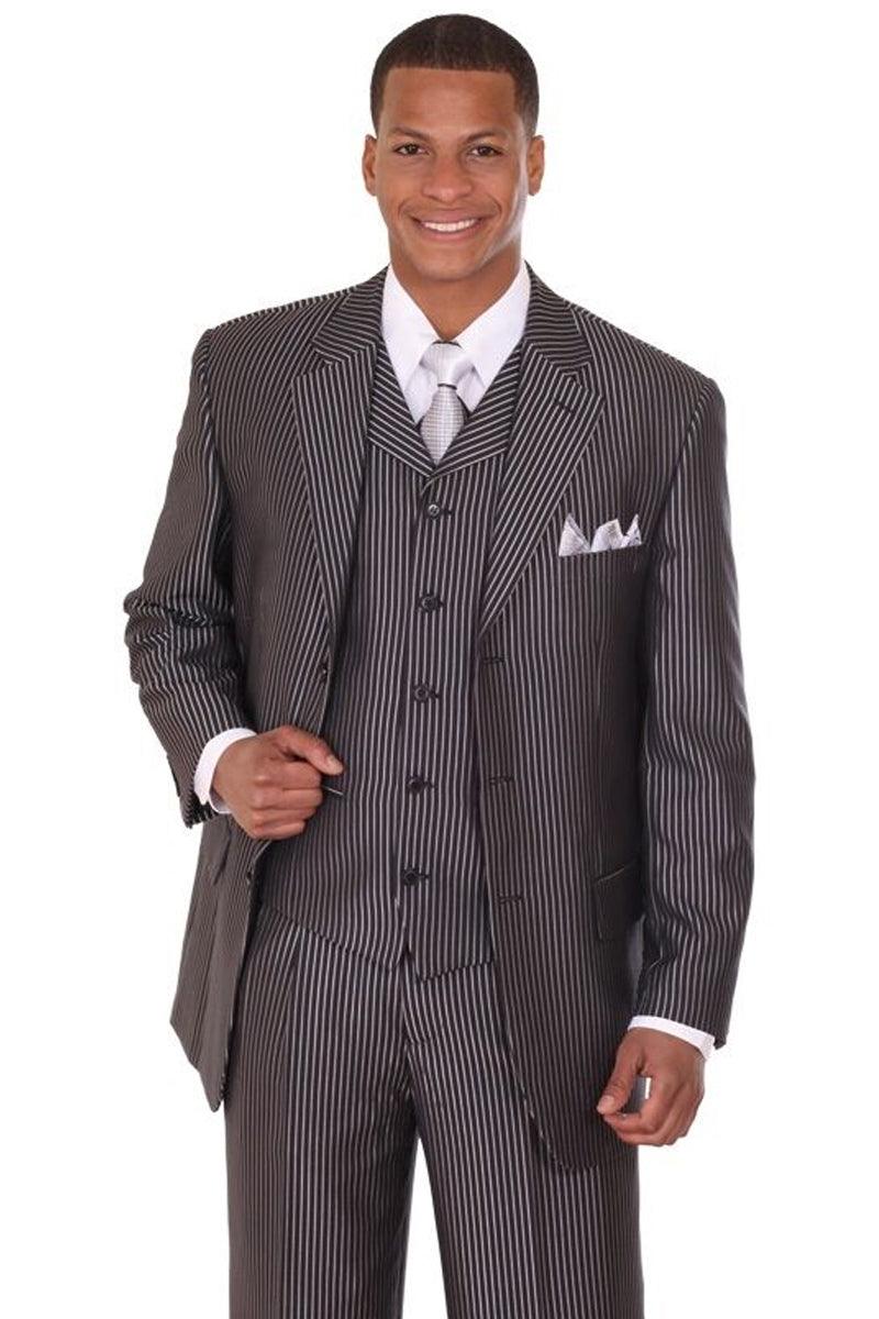 Fortino Landi Men's Shiny Sharkskin Pinstripe 3-Button Suit in Black - Elegant Mensattire