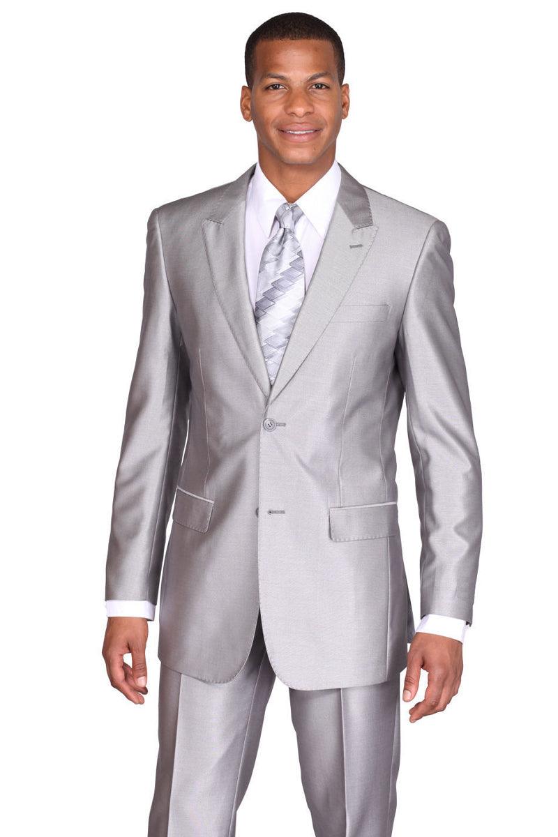 "Fortino Landi Men’s Silver Gray 2-Button Slim-Fit Sharkskin Suit" - Elegant Mensattire