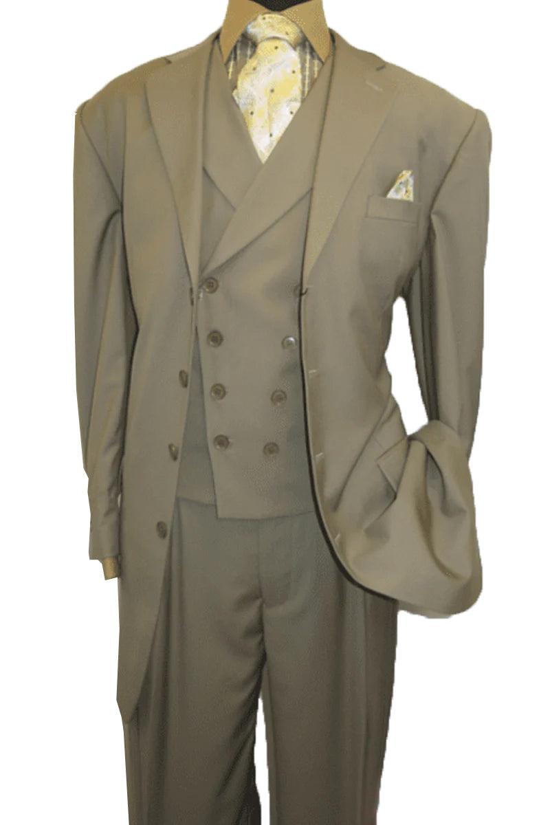 Fortino Landi Men's Tan 4-Button Fashion Suit w/ Double Breasted Vest - Elegant Mensattire