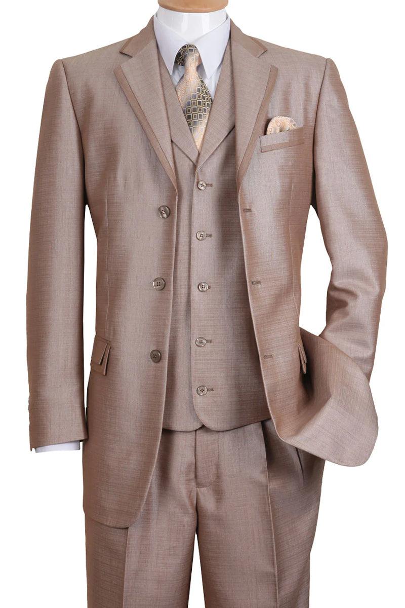 Fortino Landi Men's Tan Textured Sharkskin 3 Button Vested Church Suit - Elegant Mensattire