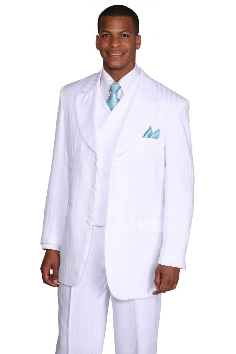 Fortino Landi Men's White Peak Lapel Pinstripe Slanted Vest Suit - Elegant Mensattire