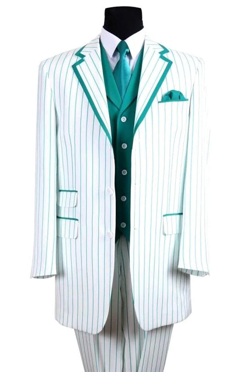 Fortino Landi Men's White Vested Suin w/ Turquoise Pinstripe 3-Button Design - Elegant Mensattire