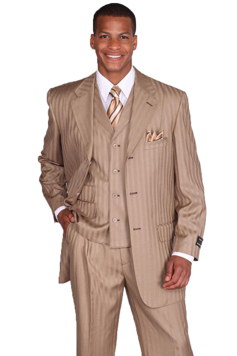 Fortino Landi Mens 3-Button Vested Tan Pinstripe Suit: Timeless Fashion for the Modern Gentleman - Elegant Mensattire