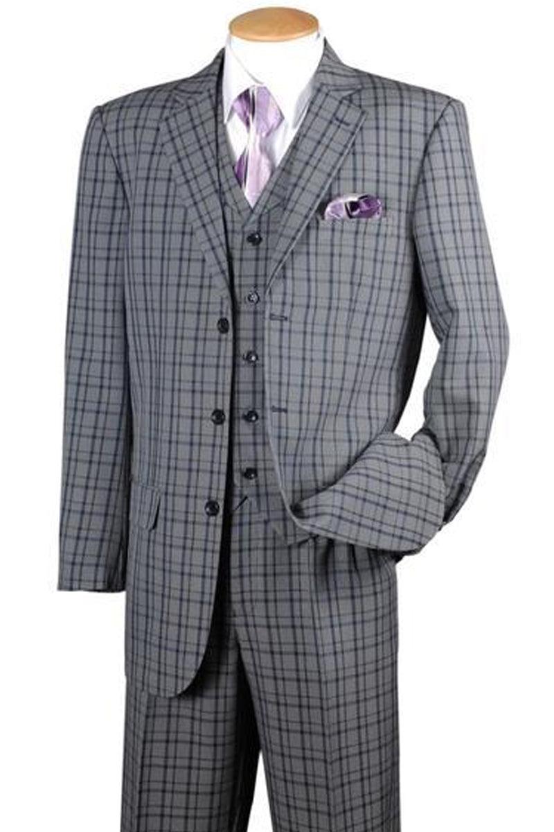 Fortino Landi Mens 3Btn Vested Windowpane Plaid Fashion Suit in Black - Elegant Mensattire