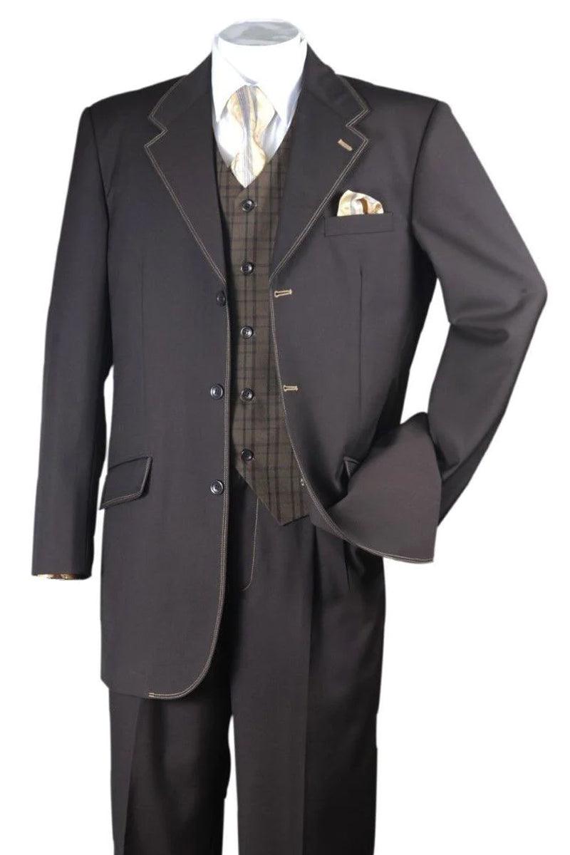 Fortino Landi Mens Brown Semi-Wide Leg Vested Suit, White Stitching - Elegant Mensattire