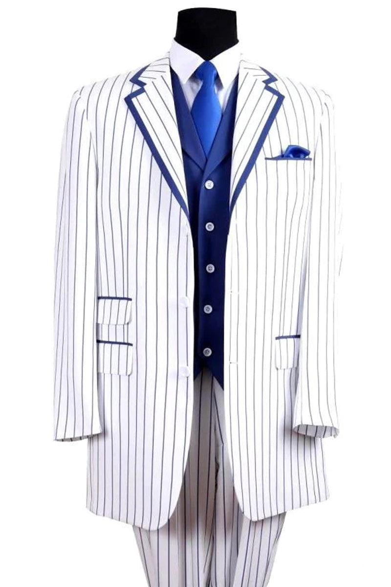 Fortino Landi Mens 'White w/ Royal Blue Pinstripe' 3-Btn Vested Suit - Elegant Mensattire