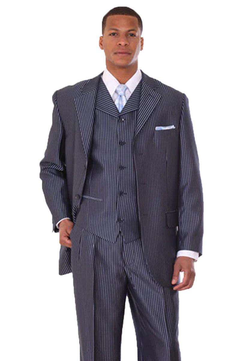 "Fortino Landi Navy Blue Vested Shiny Sharkskin 3-Button Narrow Pinstripe Suit" - Elegant Mensattire