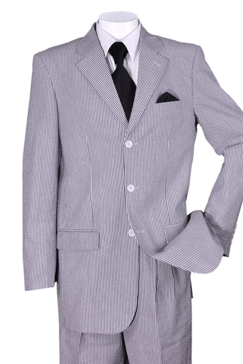 Fortino Landi Seersucker Suit: Mens Classic Fit 3-Button Summer Blue - Elegant Mensattire