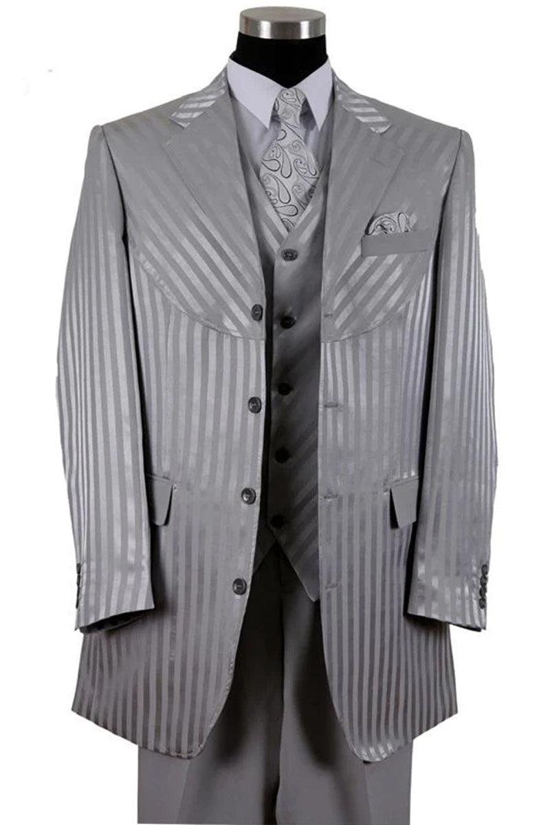 Fortino Landi Shiny Silver 4-Btn Semi-Wide Leg Stripe Suit - Elegant Mensattire