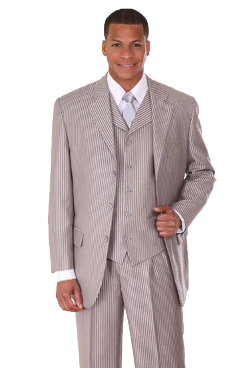 "Fortino Landi Silver Grey 3-Button Suit: Sophisticated Shark Skin Pinstripe Look" - Elegant Mensattire