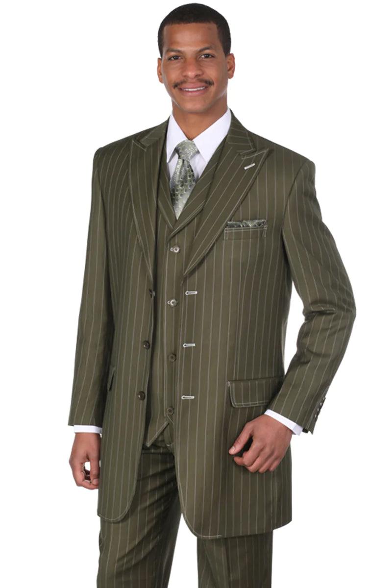 Ft. Landi Olive Green Vested Gangster Pinstripe Suit: Timeless Menswear Style - Elegant Mensattire