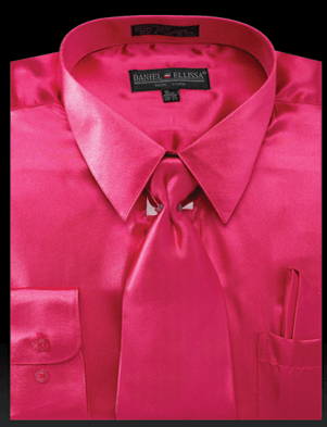 Fuchsia Satin Suit Ensemble by Daniel Ellissa: Regular Fit Shirt, Tie & Pocket Square - Elegant Mensattire