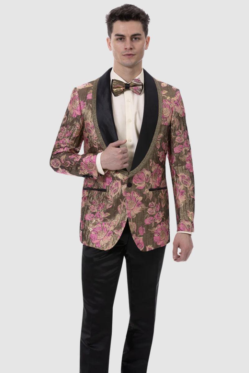 "Fuschia & Gold Floral Paisley Prom Smoking Jacket by EJ Samuel" - Elegant Mensattire