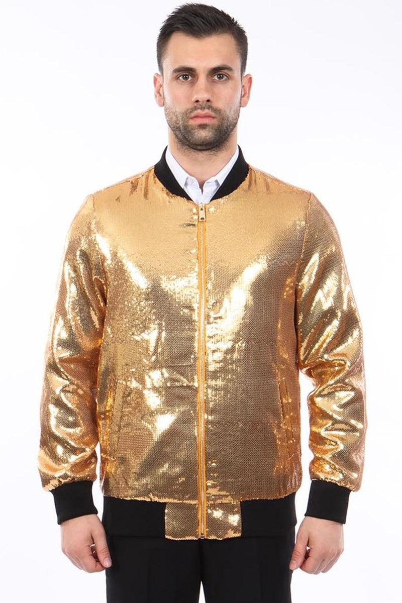 "Glitter In Style: Tazio's Men's Gold Sequin Bomber Jacket" - Elegant Mensattire