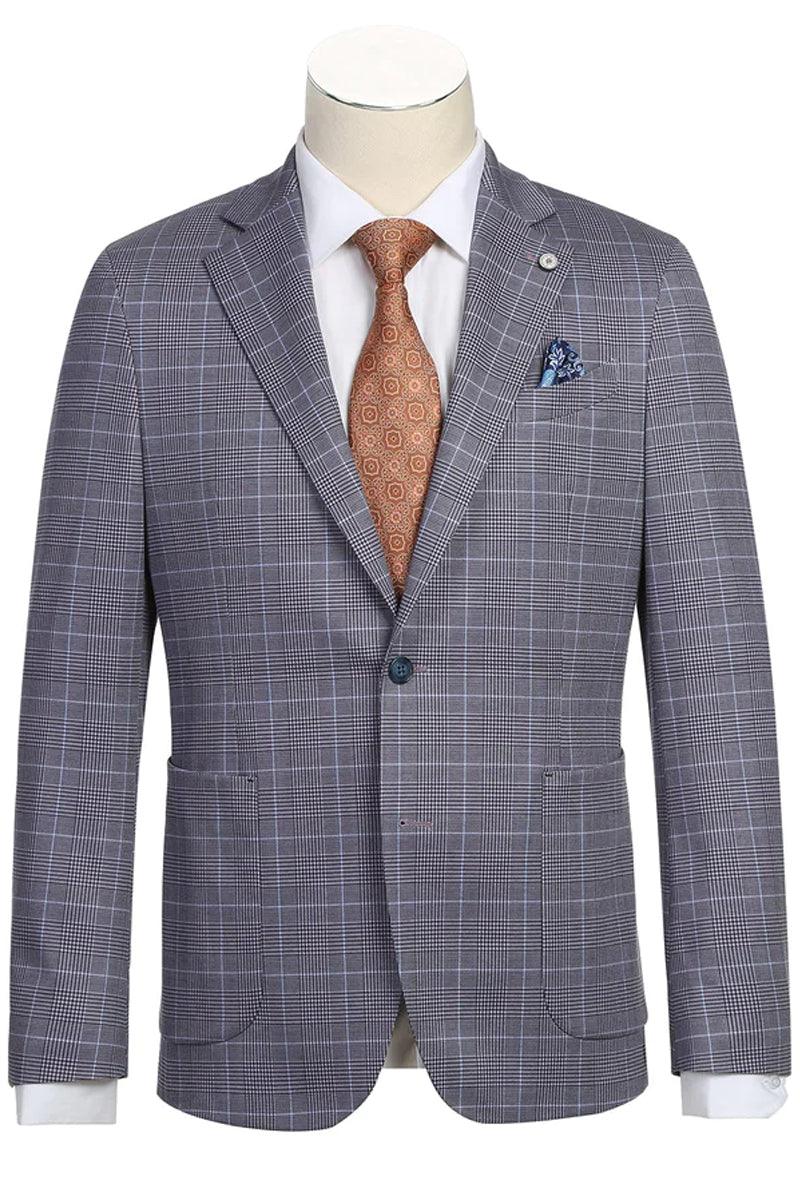 "Grey Blue Windowpane Plaid Pelago Men's Half Canvas Unconstructed Sport Coat Blazer" - Elegant Mensattire