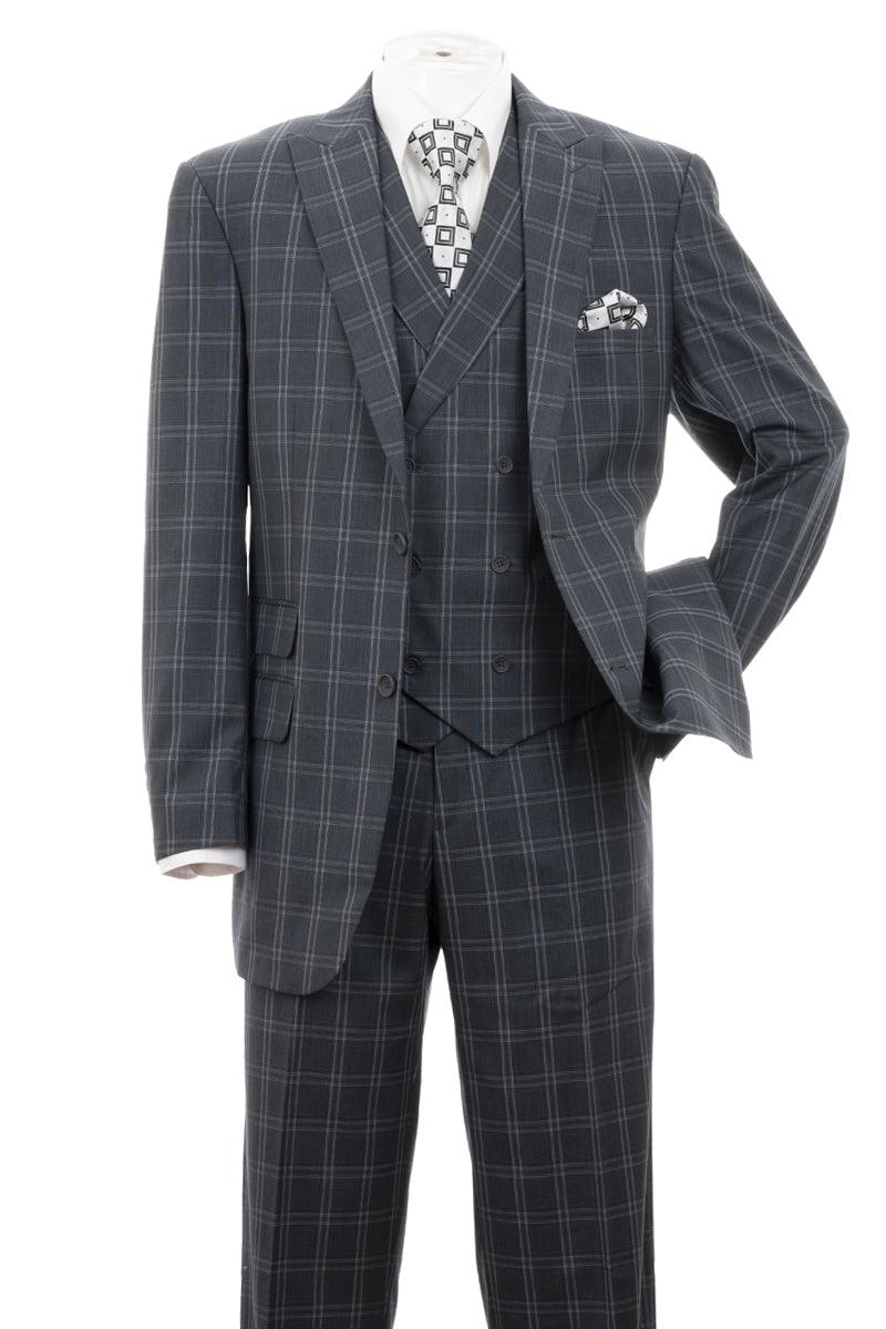 "Grey Windopane Plaid 2-Btn DB Vest Suit by Fortino Landi” - Elegant Mensattire