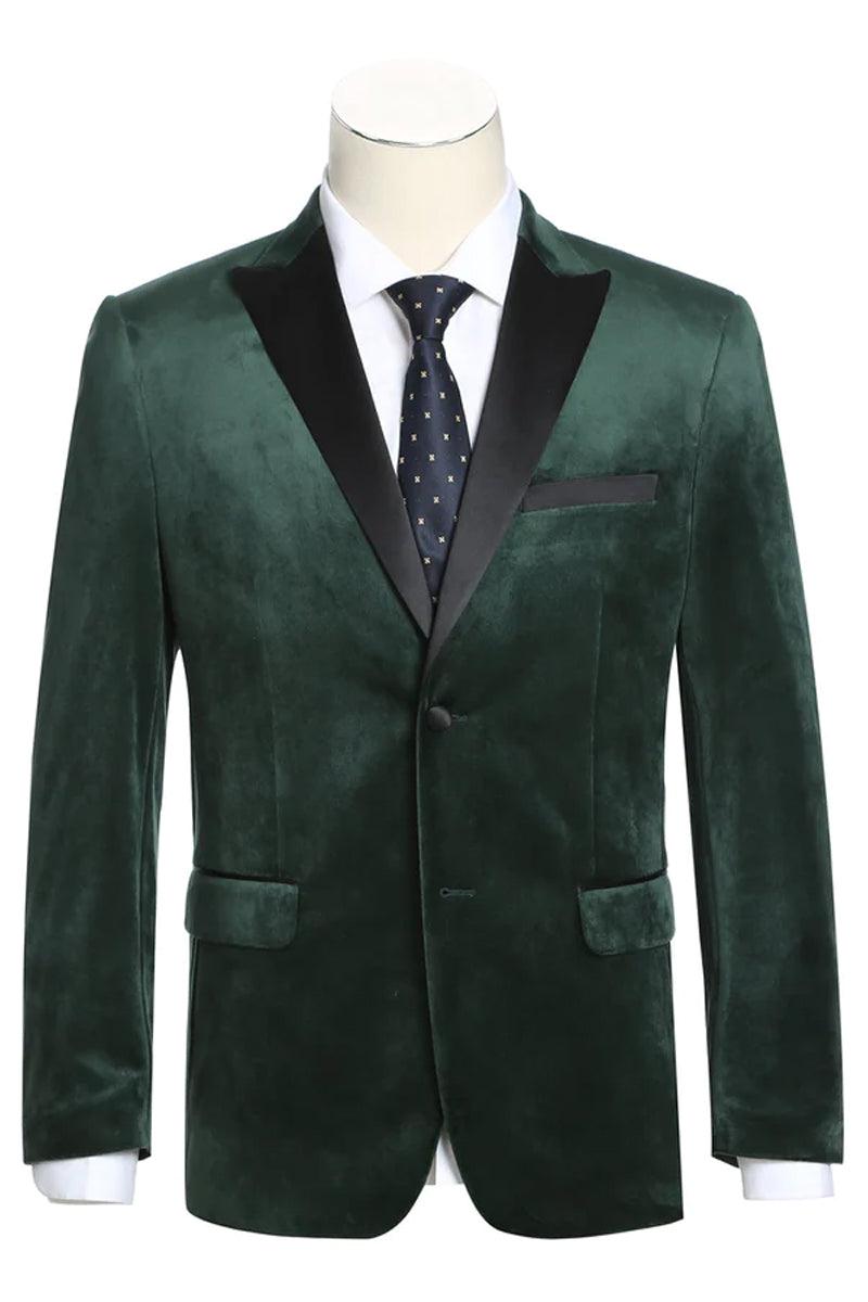 "Hunter Green Renoir Mens Velvet Peak Lapel Two Button Tuxedo Blazer" - Elegant Mensattire