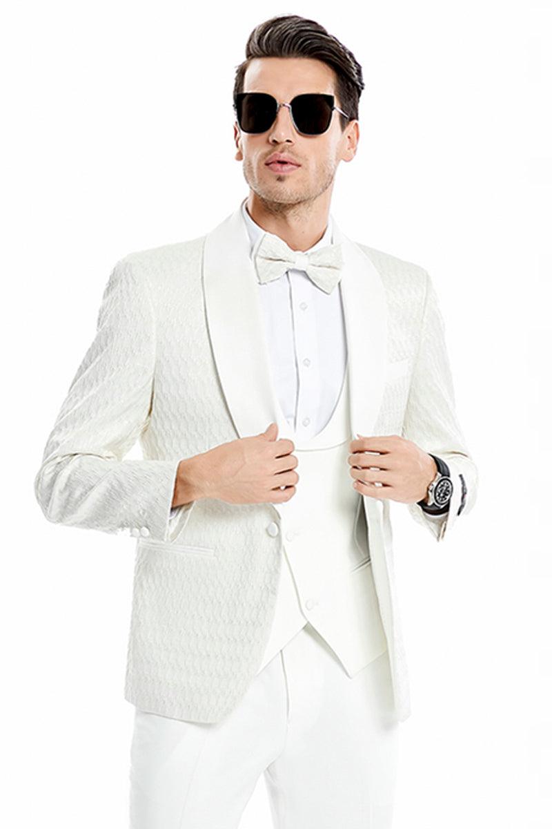 "Ivory Tazio Wedding Tuxedo | One-Button Vested Honeycomb Lace". - Elegant Mensattire