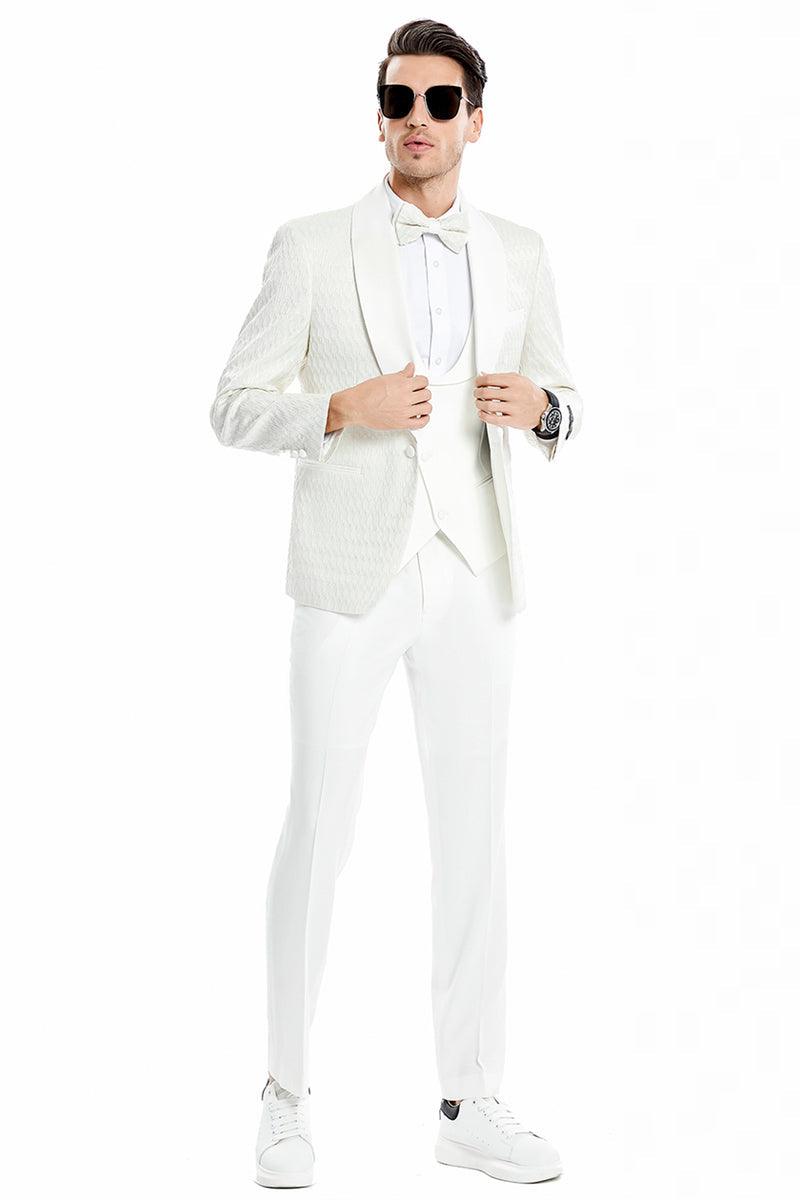 "Ivory Tazio Wedding Tuxedo | One-Button Vested Honeycomb Lace". - Elegant Mensattire