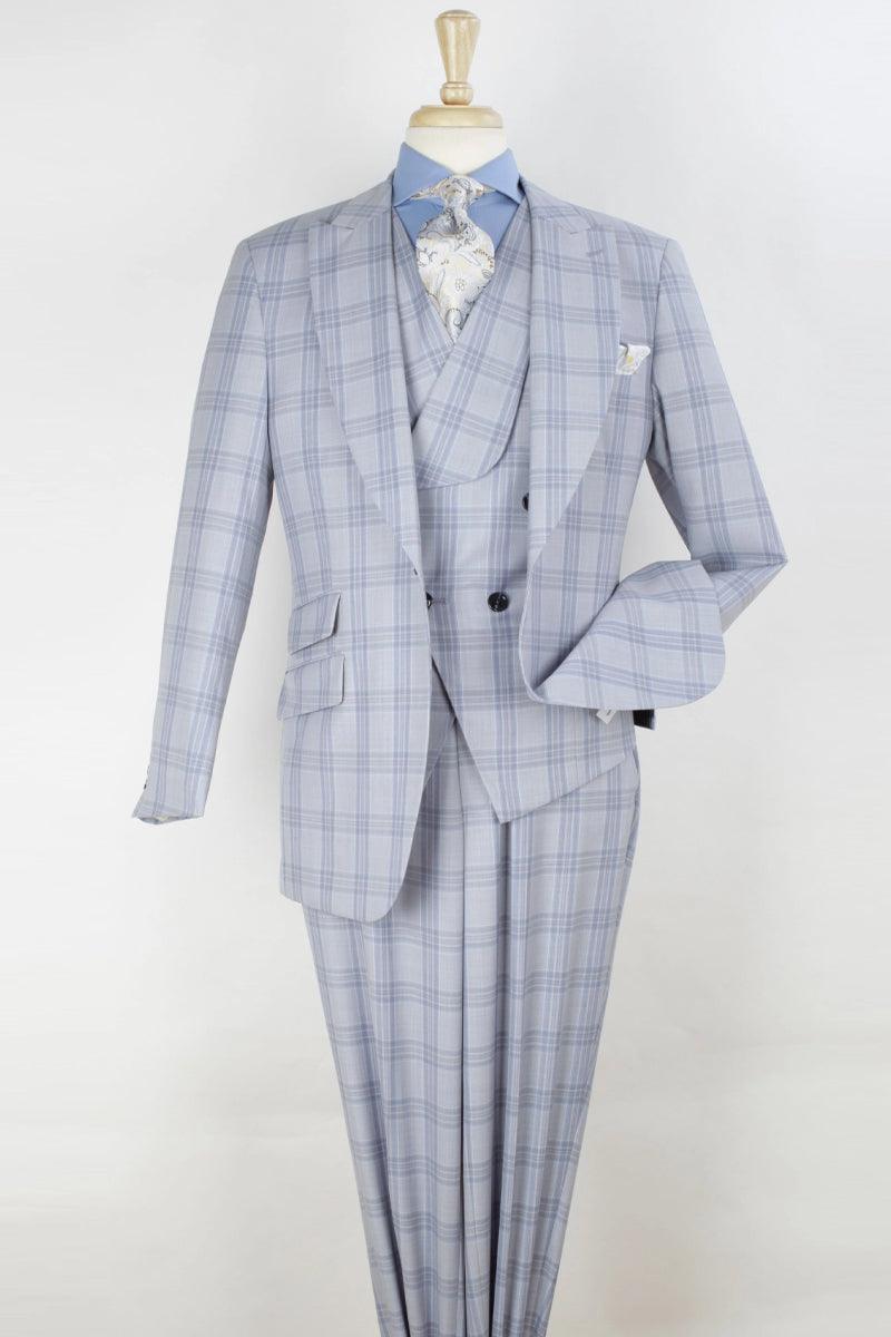 "Light Grey Windowpane Apollo King Merino Wool Vested Suit" - Elegant Mensattire