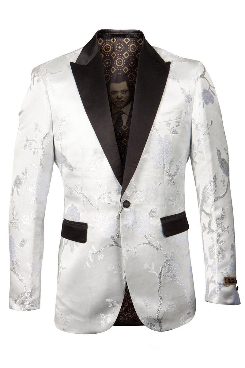 Look Men's Metallic Silver Floral Satin Printed Tuxedo Jacket for Prom & Weddings - Empire Look - Elegant Mensattire