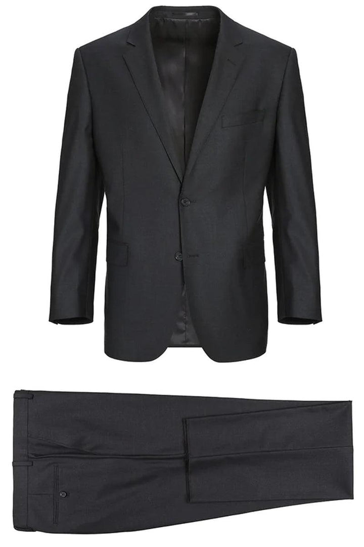 "Luxe Charcoal Wool 2-Button Suit w/Option Vest | Renoir" - Elegant Mensattire