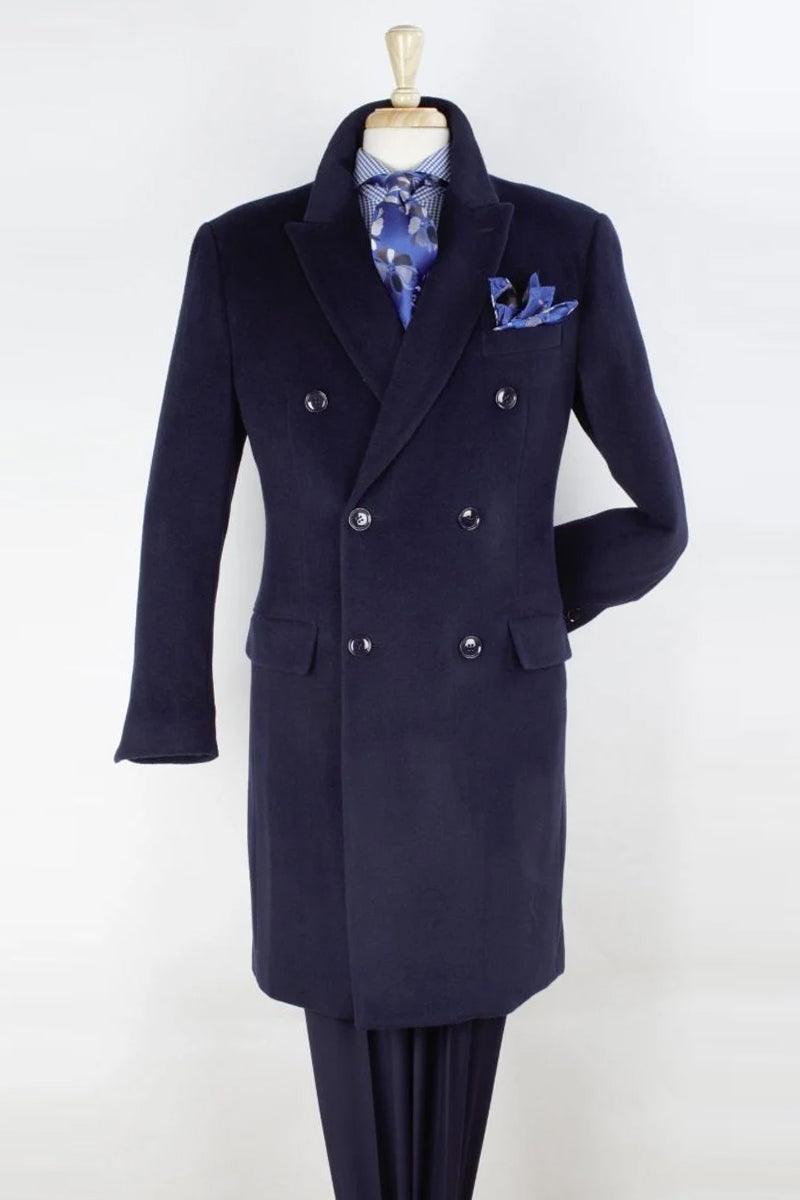 "Luxe Navy Wool 3/4 Overcoat by Apollo King" - Elegant Mensattire