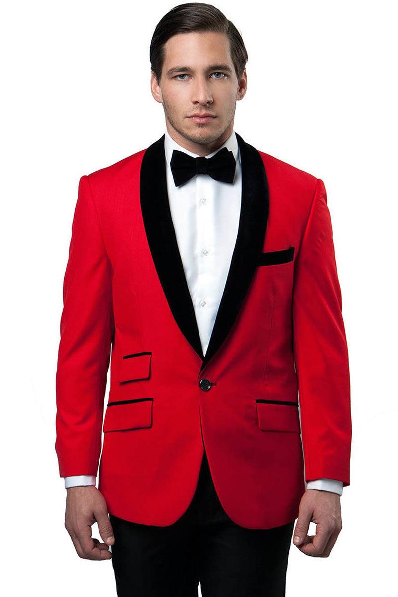 "Luxurious Red Tazio Men's Velvet Shawl Collar Tuxedo Jacket" - Elegant Mensattire