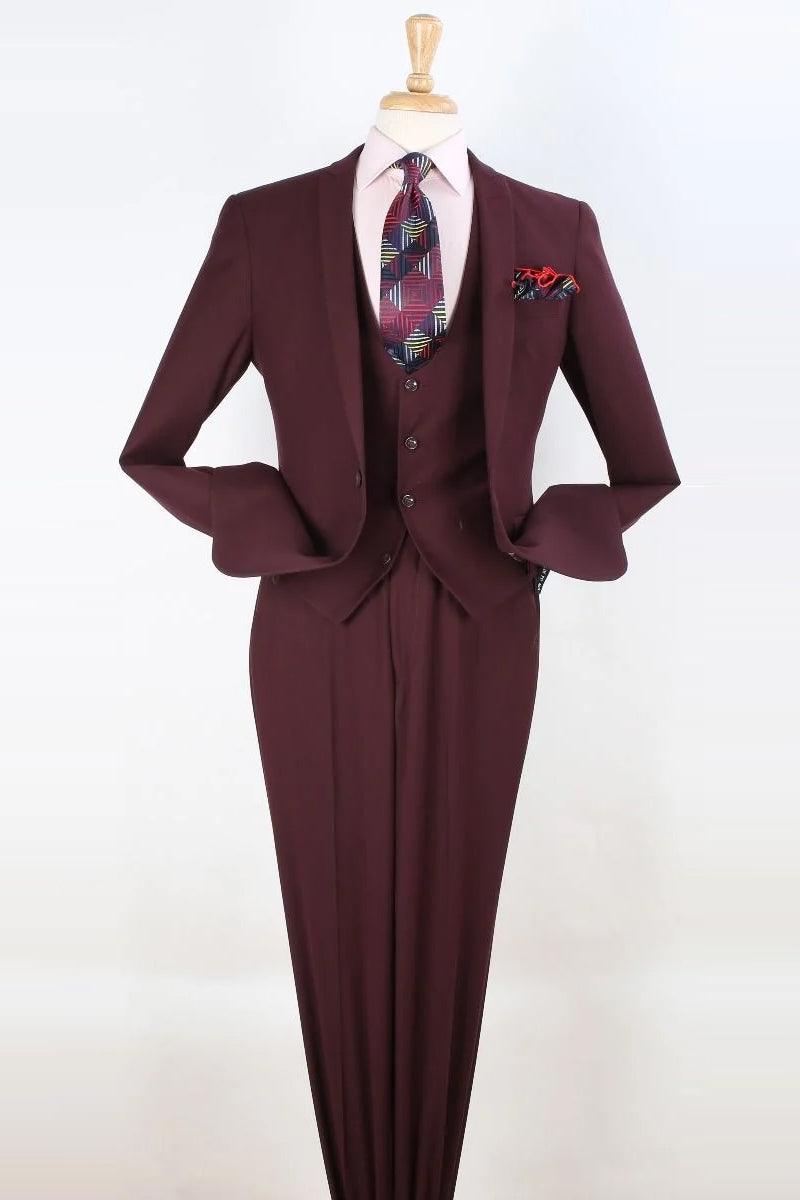 "Majestic Burgundy One-Button Slim Fit Vested Suit with Peak Lapel" - Elegant Mensattire