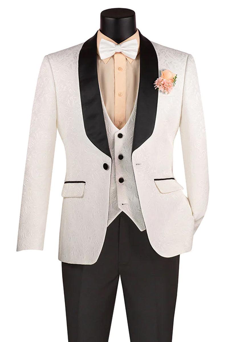 Marcus Weathered White Vinci Slim Fit Paisley Vested Tuxedo - Elegant Mensattire