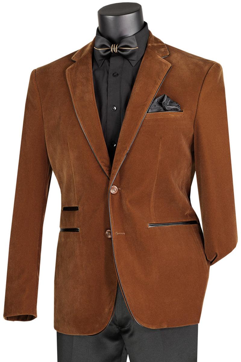 Men's 2-Button Brown Velvet Blazer w/Black Leather Piping by Vinci - Elegant Mensattire