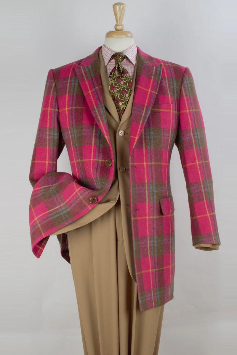 Men's Apollo King 2 Button Wool Car Coat - Pink Herringbone Peak Lapel 3/4 Length - Elegant Mensattire