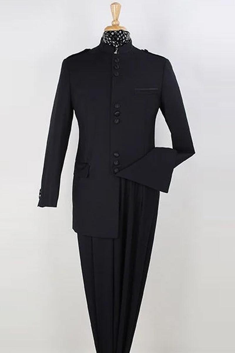 Men's Apollo King Mandarin Collar Safari Suit in Black - Elegant Mensattire