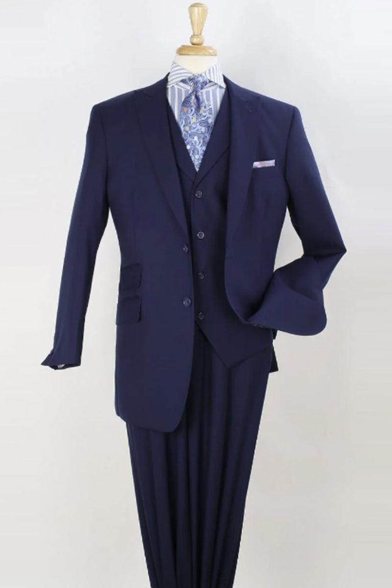 Men's Apollo King Super 150's Merino Wool Navy Vested Suit w/Wide Peak Lapel - Elegant Mensattire