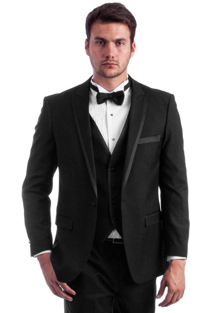 Men's Azzuro Peak Tuxedo with Satin Trim in Black - Elegant Mensattire