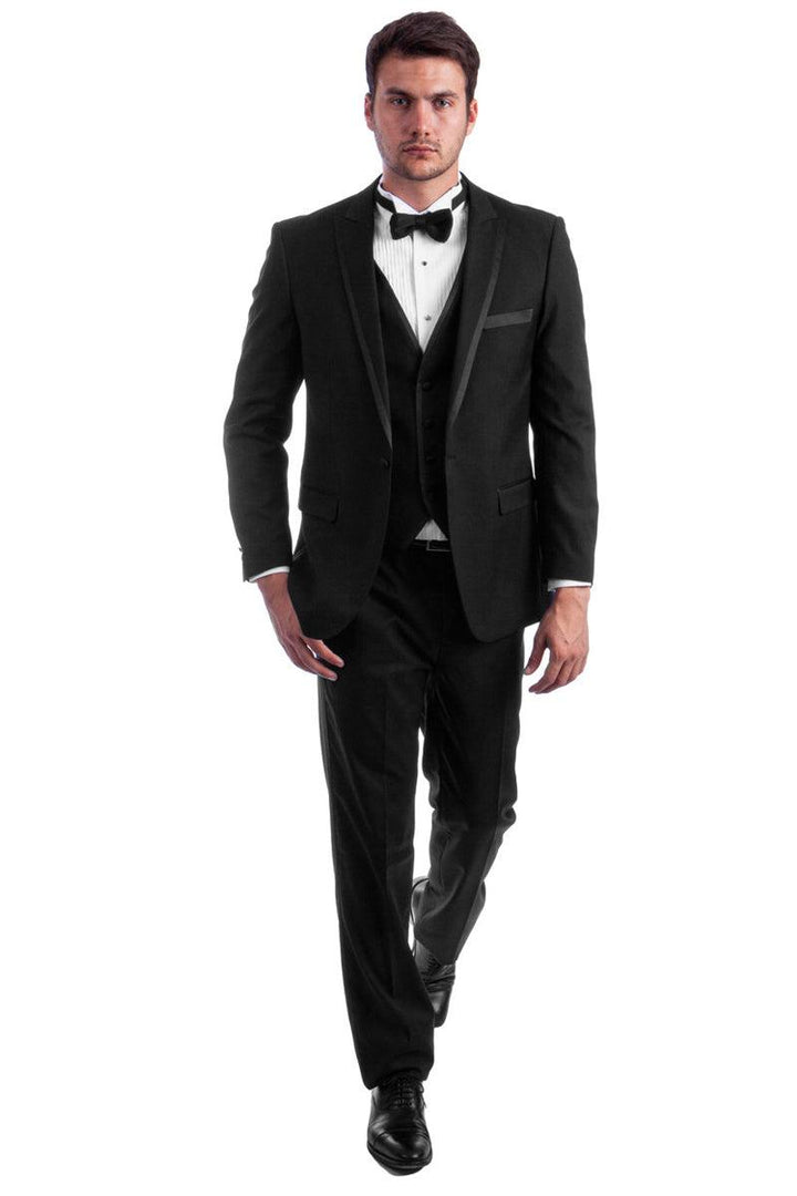 Men's Azzuro Peak Tuxedo with Satin Trim in Black - Elegant Mensattire