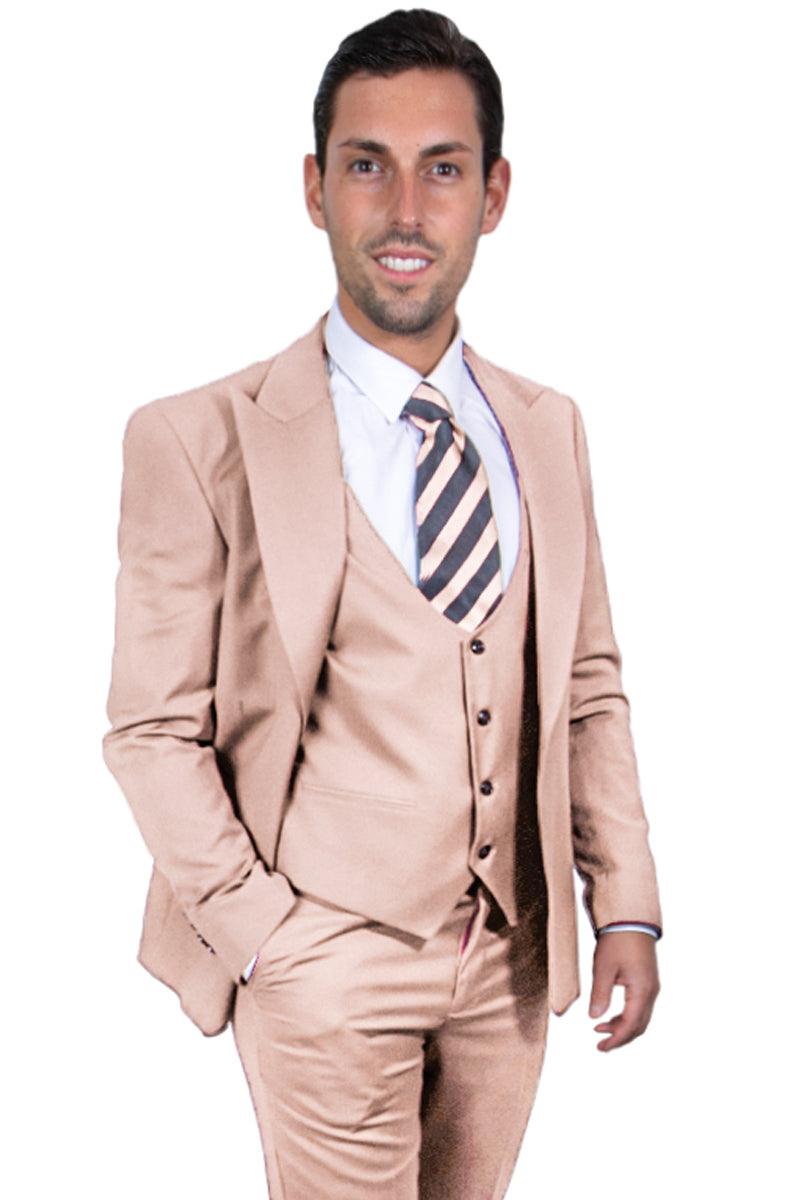 Men's Beige Vested Peak Lapel Stacy Adams One Button Suit - Elegant Mensattire